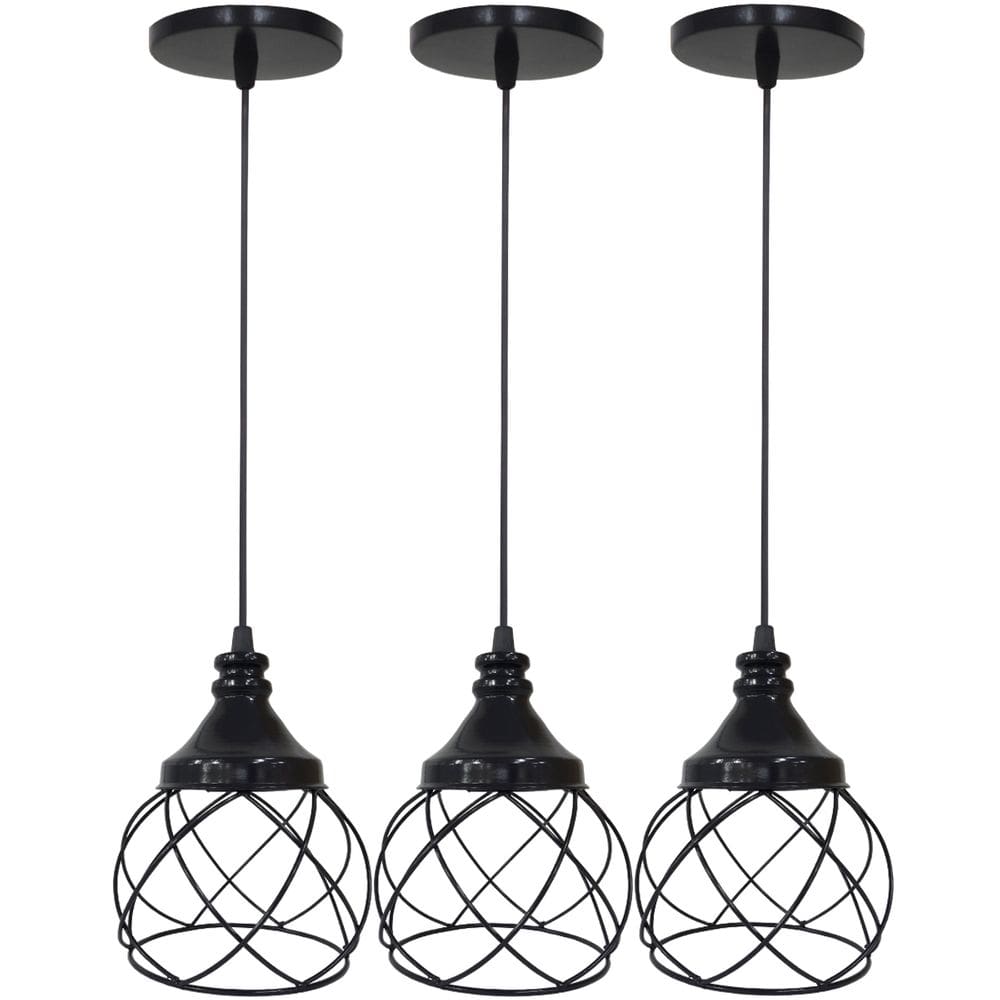 3 Pendentes Aramado Redondo Preto Lustre Luminária Teto Regulável Sala Cozinha Industrial Agp
