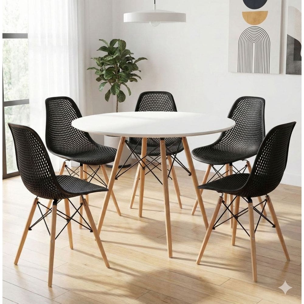 Conjunto de Jantar Mesa Eiffel 80cm Branco  + 5 Cadeiras Colméia Eloa Eiffel DKR Pretas