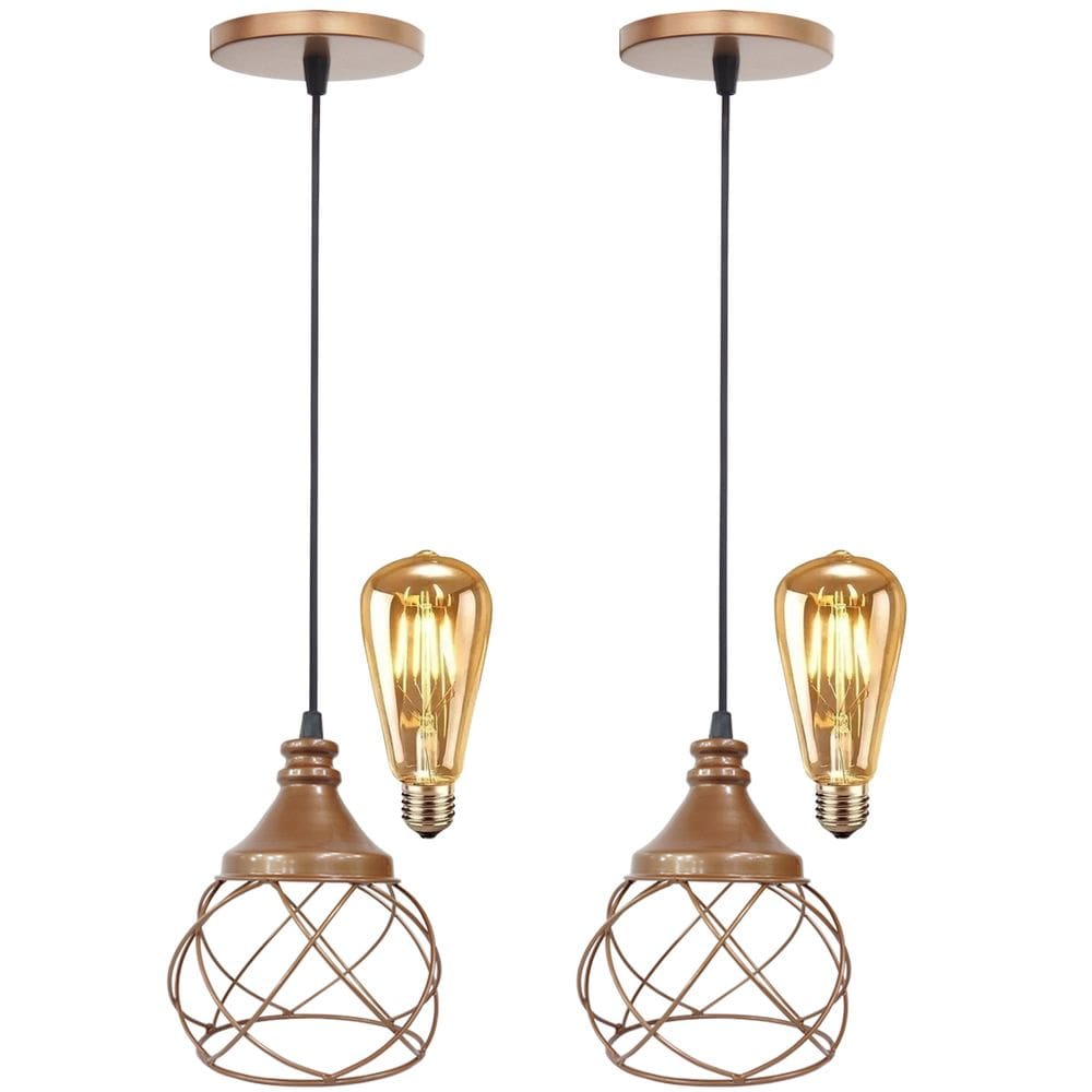 2 Pendentes Aramado Redondo Cobre Rose Gold + 2 Lâmpadas Lustre Luminária Sala Cozinha Balcão