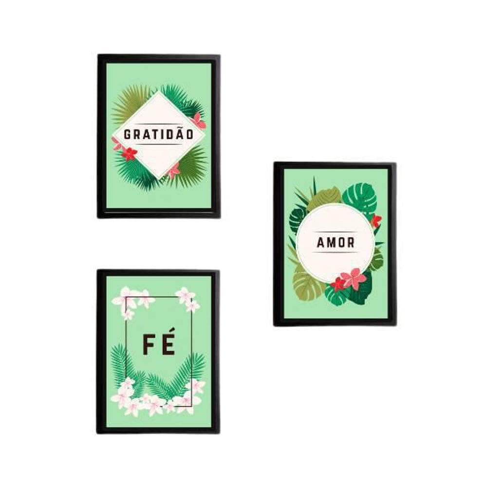 Kit 3 Decorativos Quadros Amor, Fé, Gratidão - Tropical