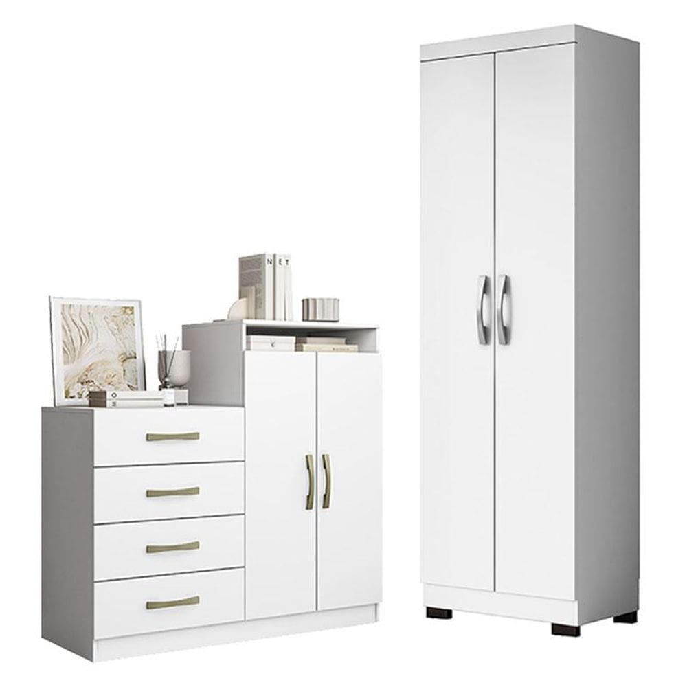 Cômoda Sapateira Londres 2004142 e Armário Multiuso New 2000192 Branco Tx com Pés Preto - Aramóveis