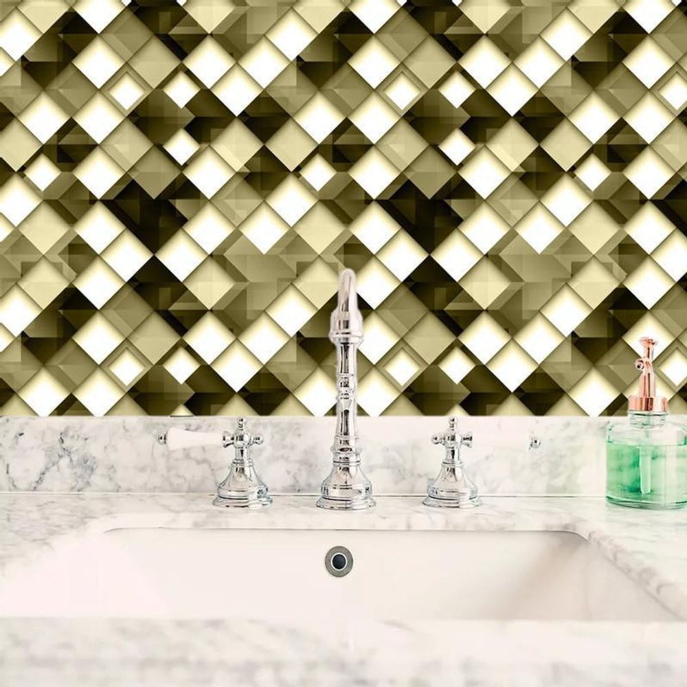 Papel De Parede Geométrico Quadrados Cinza Preto Com Amarelo