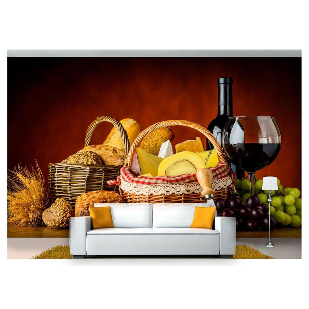 Papel De Parede Vinho Petiscos Pão Uva 3D Al213