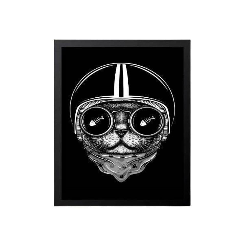 Quadro Decorativo Gato Preto Capacete 34x23cm