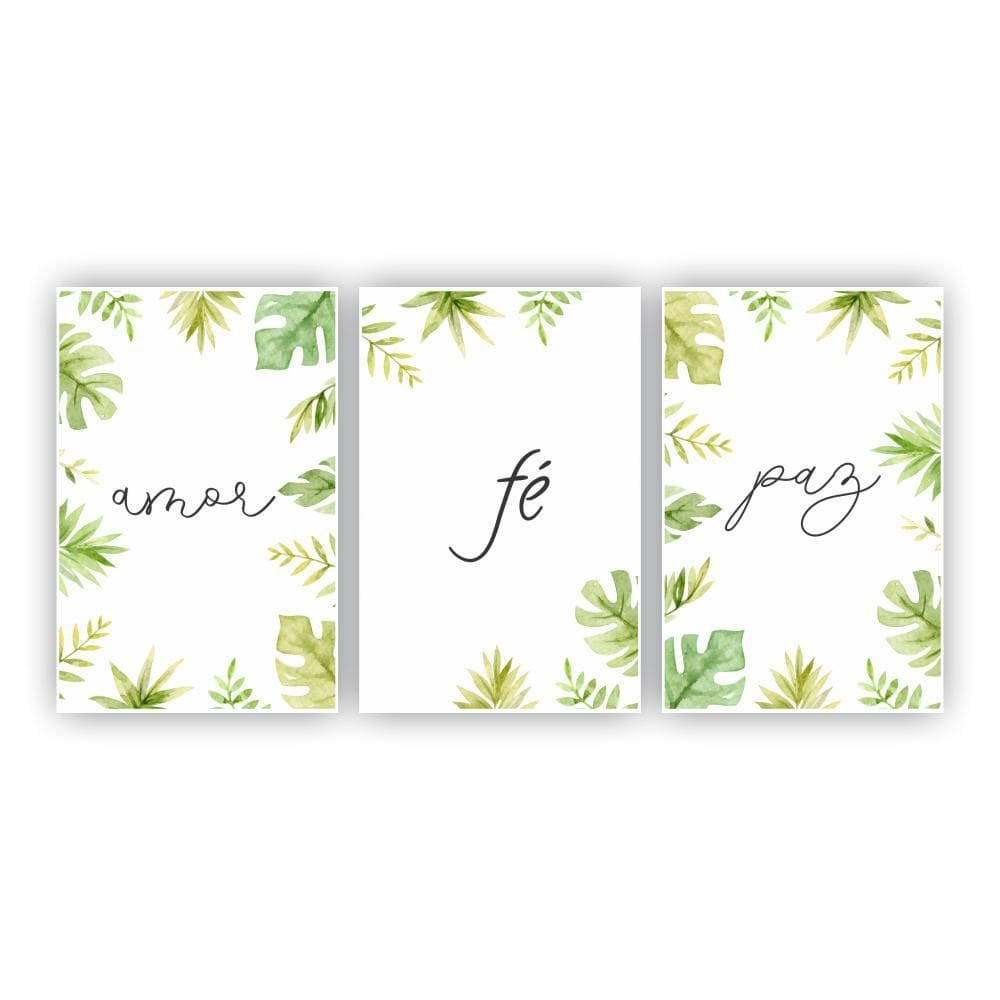Kit 3 Placas Quadros Sala 20X30 Amor, Fé E Paz Folhas Floral