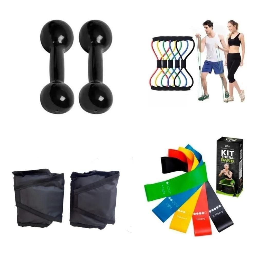 Kit Fitness Total: Halteres 1Kg + Caneleiras 1Kg + Theraband