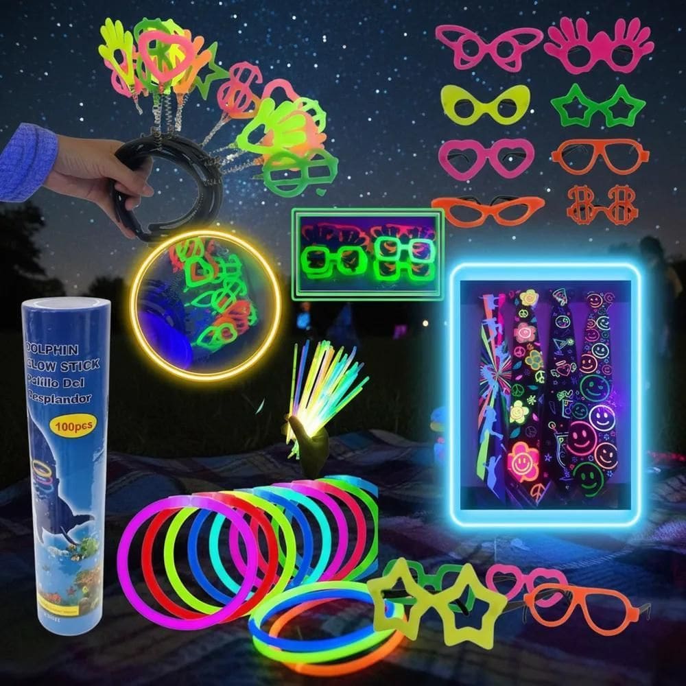 Kit Neon Festa 130 Peças: Luz Negra, Pulseiras, Óculos E Mai