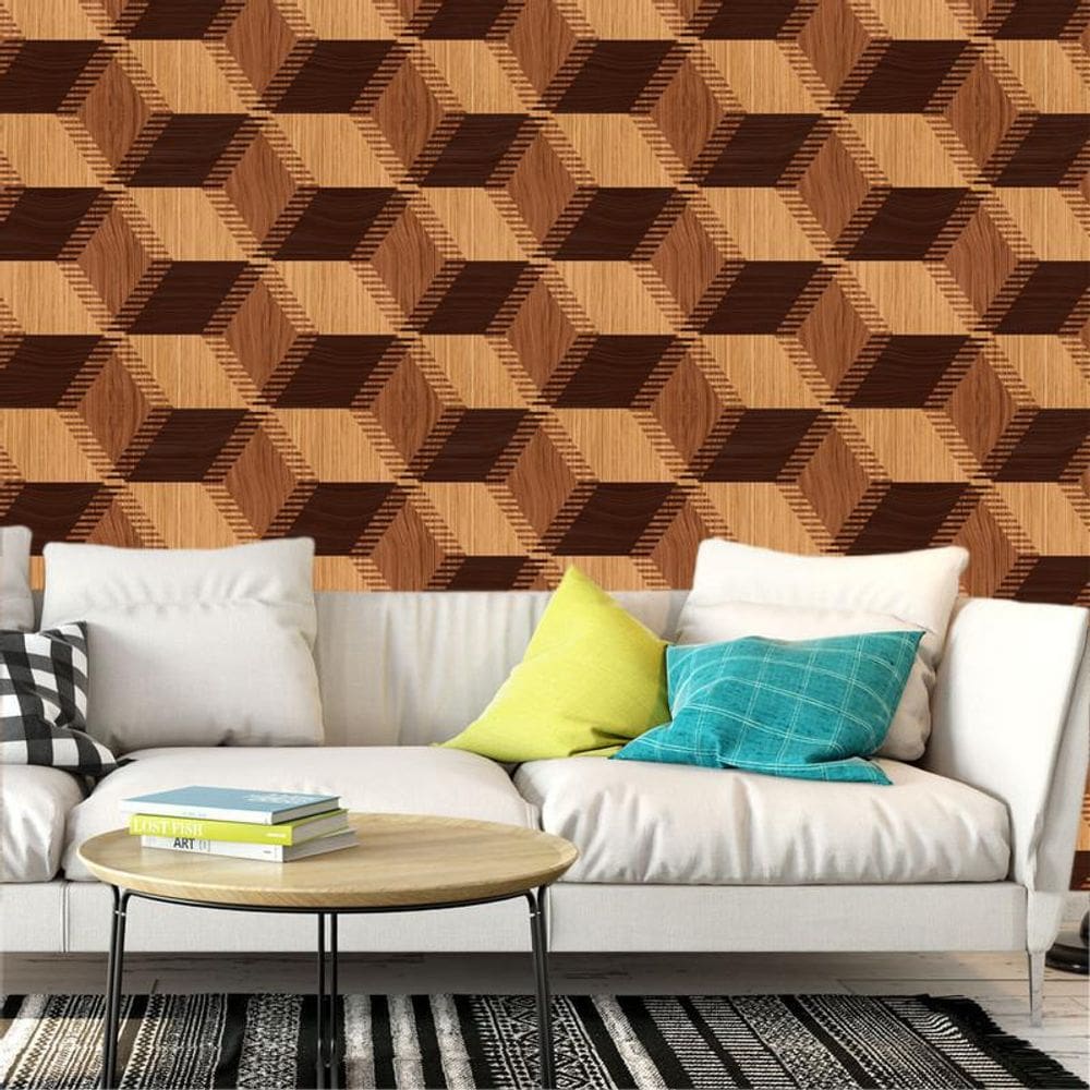 Papel De Parede Madeira Cubo 3D Autocolante Sala Quarto