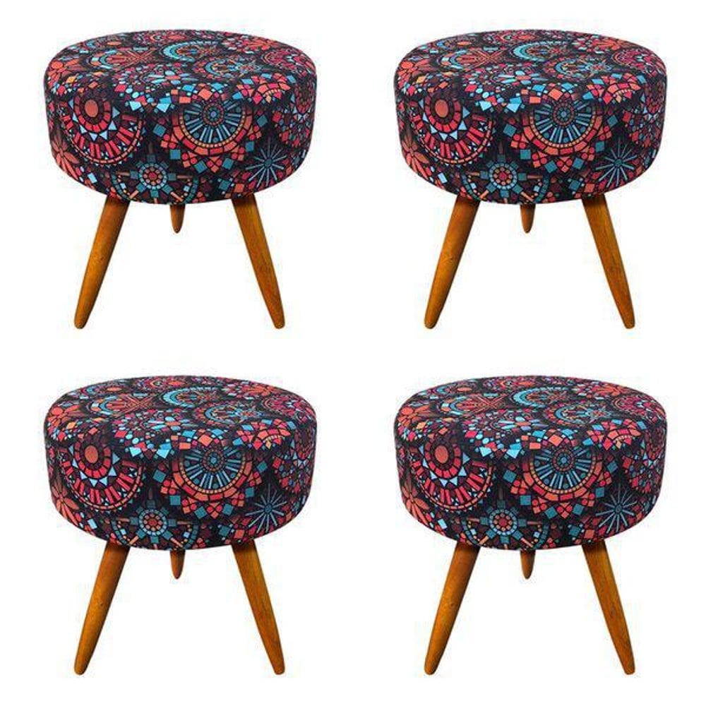 Puff Para Sala E Hall Redondo Mandala Vermelha 4 Itens