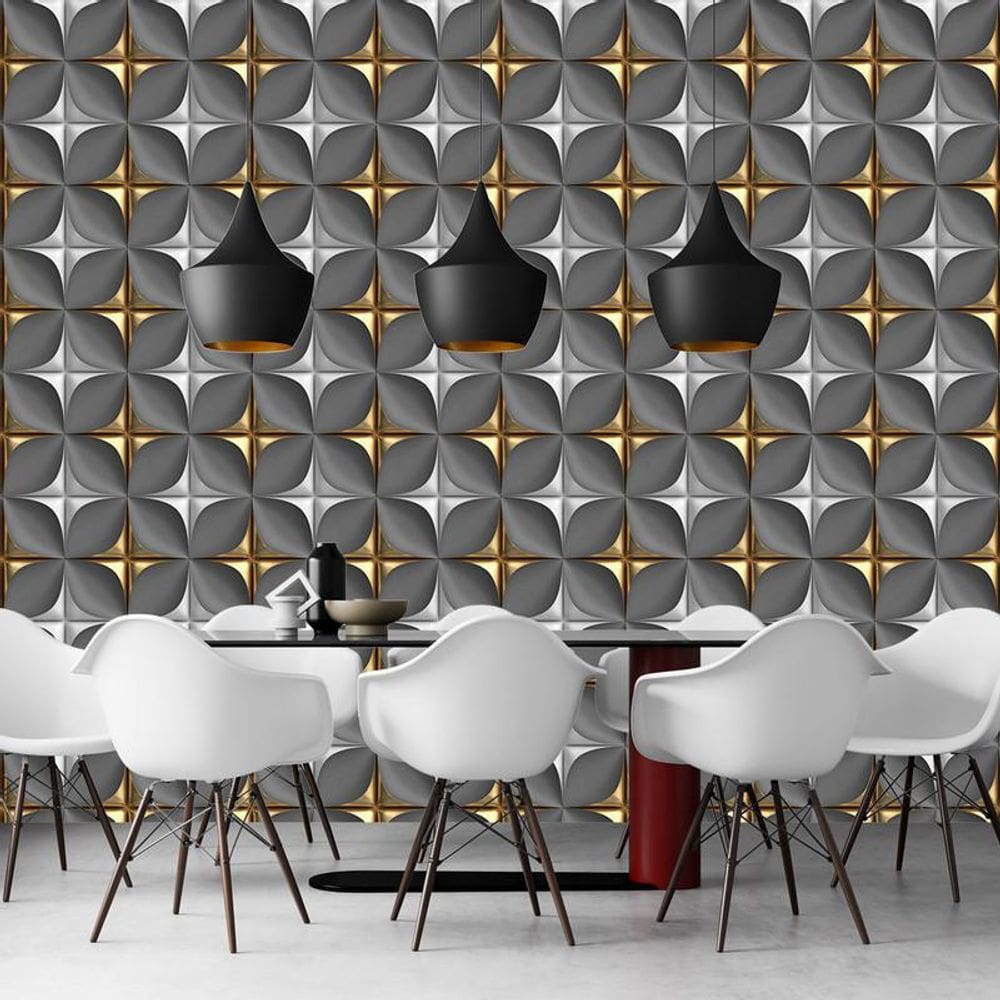 Papel De Parede 3D Dourado E Cinza Quadrados Geometrico