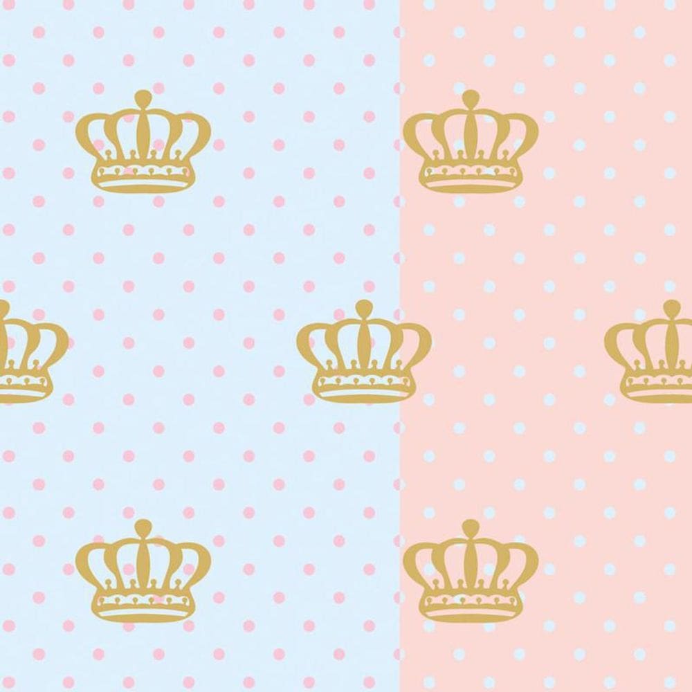 Papel De Parede Poa Rosa E Azul Com Coroa Dourado Adesivo