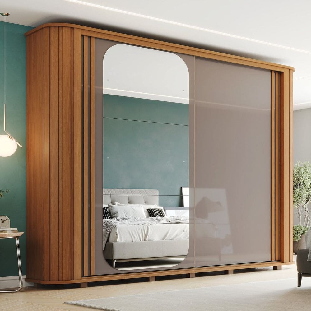 Guarda-roupa Casal Cantos Arredondados com Ripado 2 Portas Deslizantes Mozzate Cinamomo/Off White/Avelã