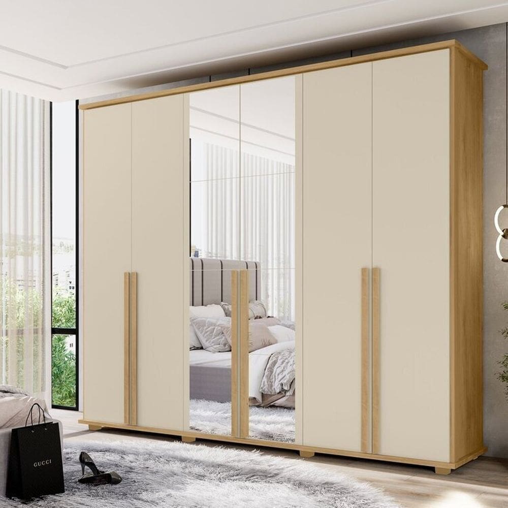 Guarda-Roupa 6 Portas com Espelho com 5 Gavetas Internas 1 com Divisória e Maleiro Estrela Cinamomo/Off White