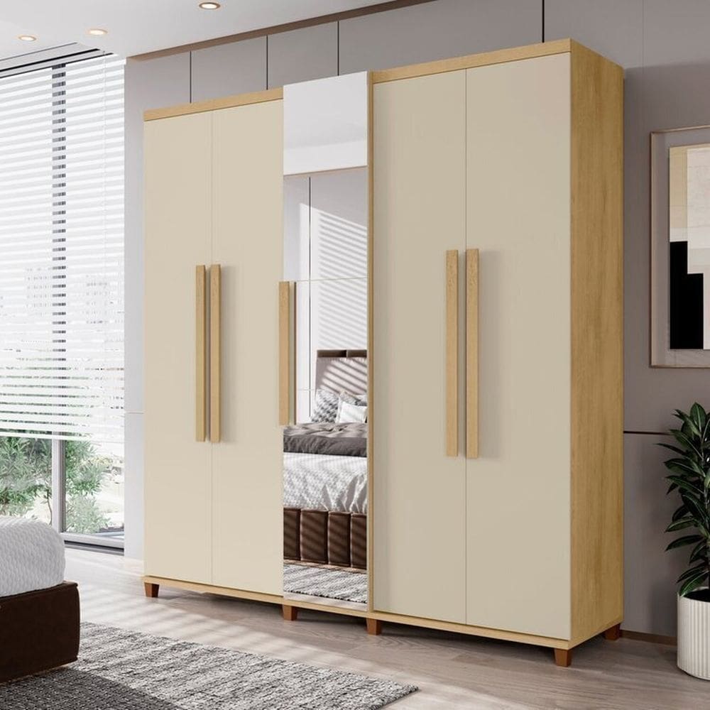 Guarda-roupa Casal 5 Portas com Espelho Sapateira e 3 Gavetas Interna Munique Cinamomo /Off White
