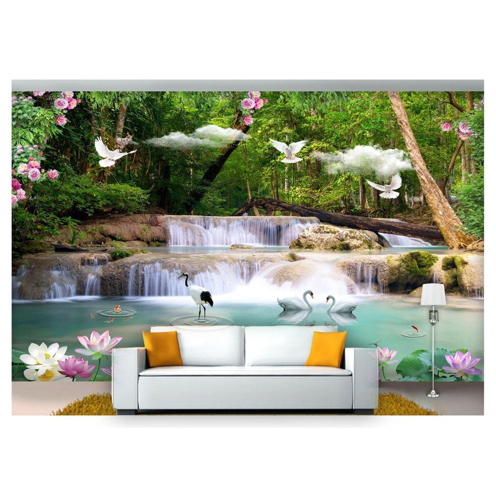 Papel De Parede Cachoeiras Animais Pássaros 3D 7,50M² Xch07