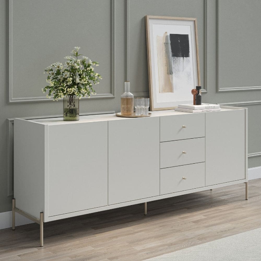 Buffet Moderno com Gavetas e Pés de Aço Jasper Off White Fosco/Champanhe