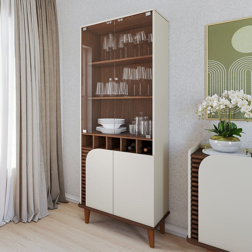 Cristaleira 2 Portas de Vidro Jurerê Off White Matte/Nogueira Real