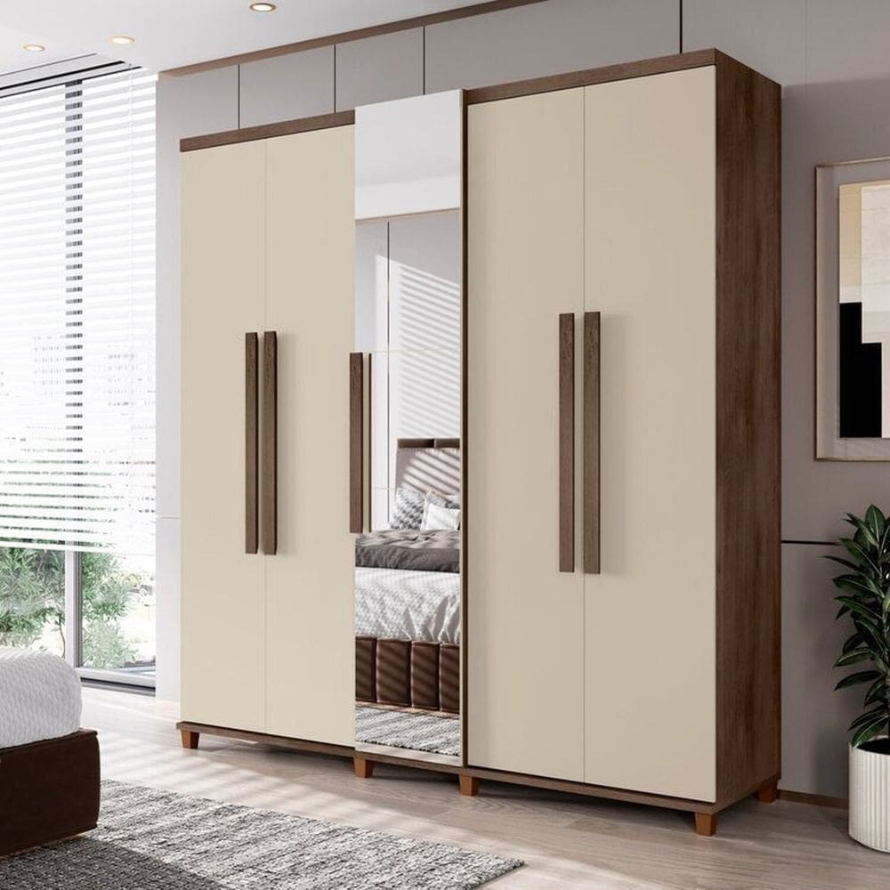 Guarda-Roupa Casal 5 Portas com Espelho Sapateira e 3 Gavetas Interna Munique Freijó/Off White