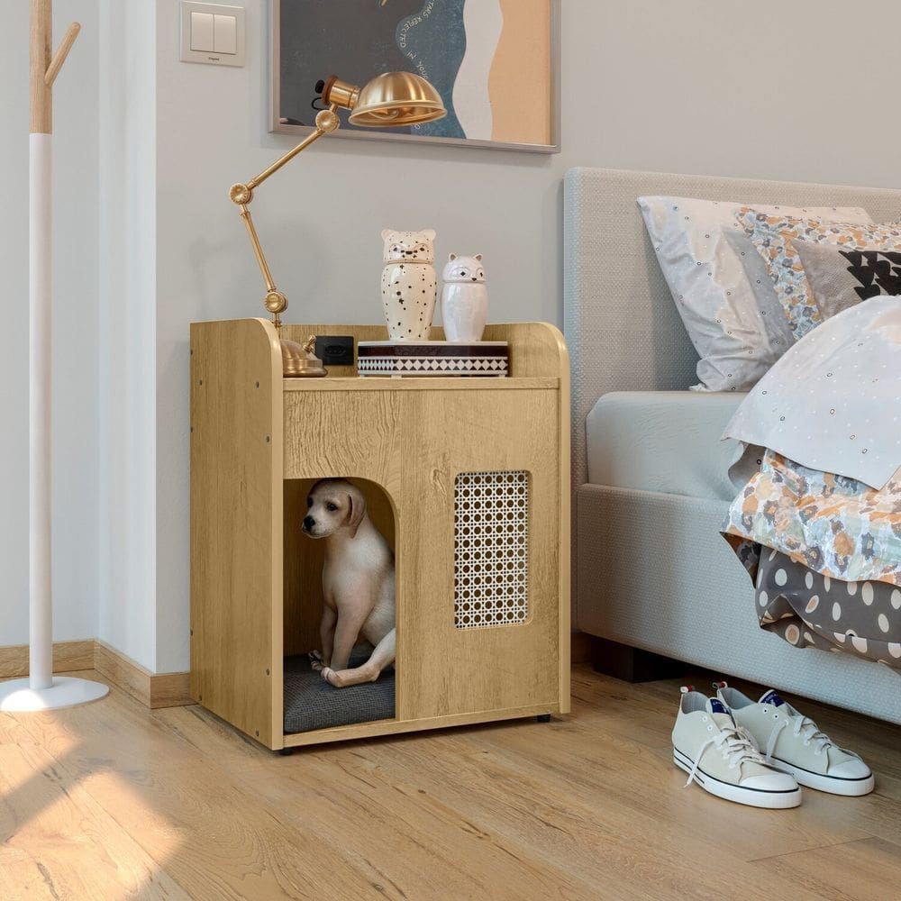 Mesa de Cabeceira com Espaço Pet Multifuncional com Tomada e Tela Plástica para Quarto Malta Cinamomo