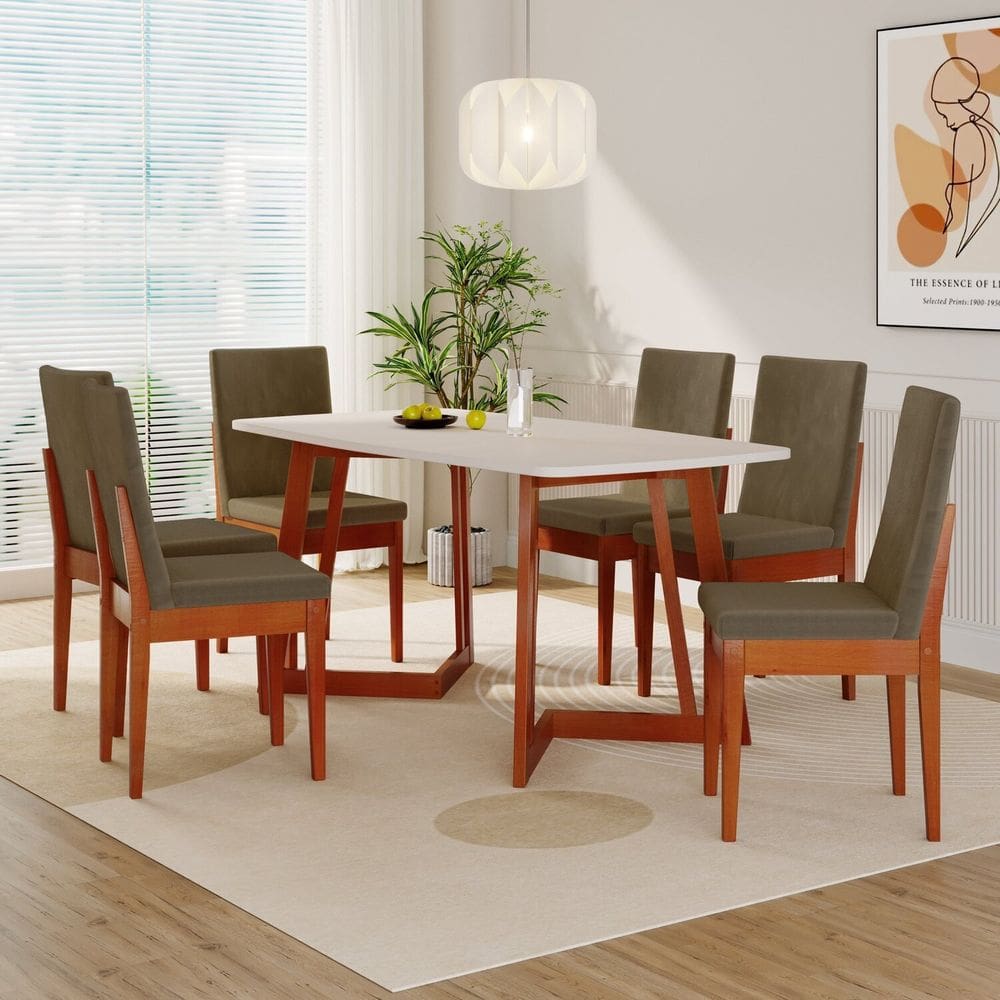 Conjunto Sala de Jantar Califórnia 6 Lugares Retangular Madeira Maciça Dakota Caramelo/Marrom/Off White