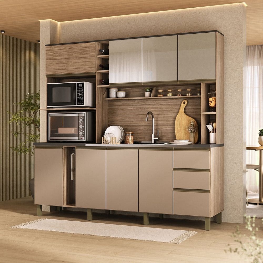 Cozinha 205cm Mdf 15mm com Portas de Vidro Érica Champagne / Rosé