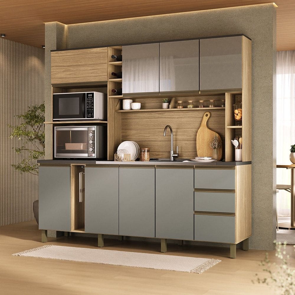 Cozinha Compacta 205cm Mdf 1,5cm com Portas de Vidro Érica Amendoa / Acqua