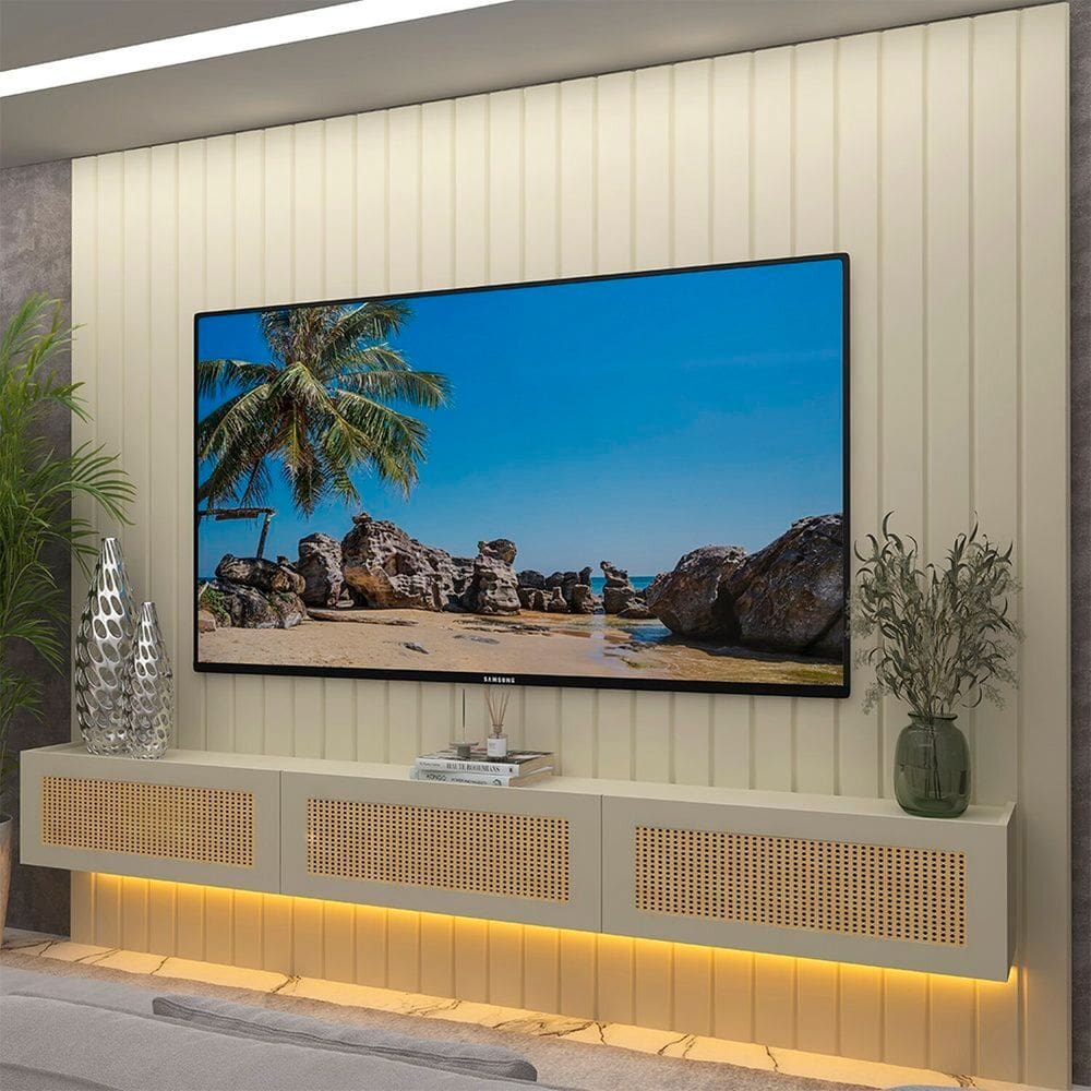 Estante Ripado para Tv 84 Polegadas com Led 230cm 100% Mdf Majestade/native Off White/ Creme