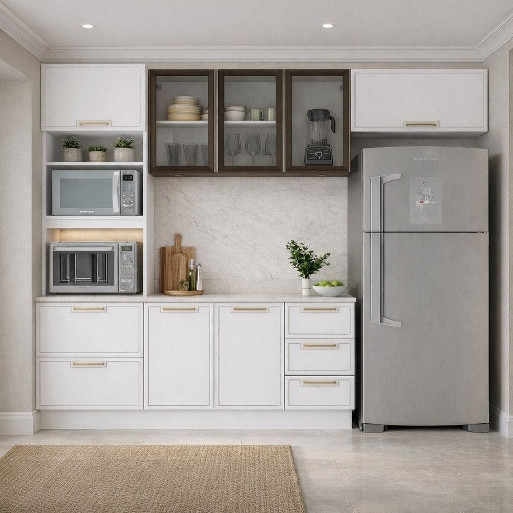 Cozinha Completa 4 Peças com Vidro Fumê e Torre Quente Amara 270x224cm Branco