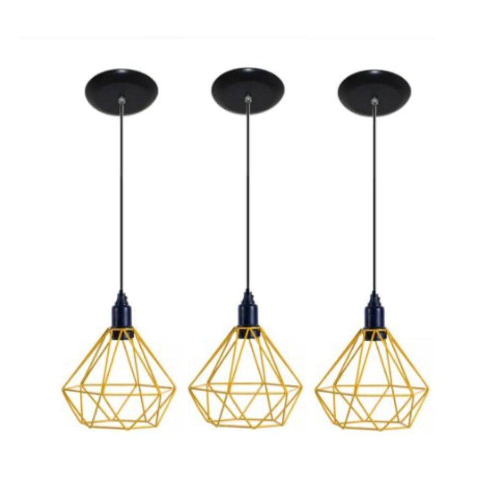 Kit 3 Lustres Aramado Retrô Diamante 18X18Cm Amarelo Md8003