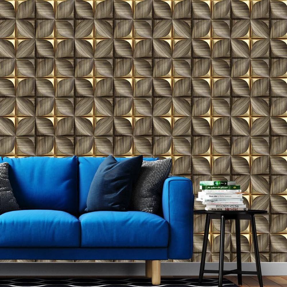 Papel De Parede 3D Madeira E Dourado Geometrico Autocolante