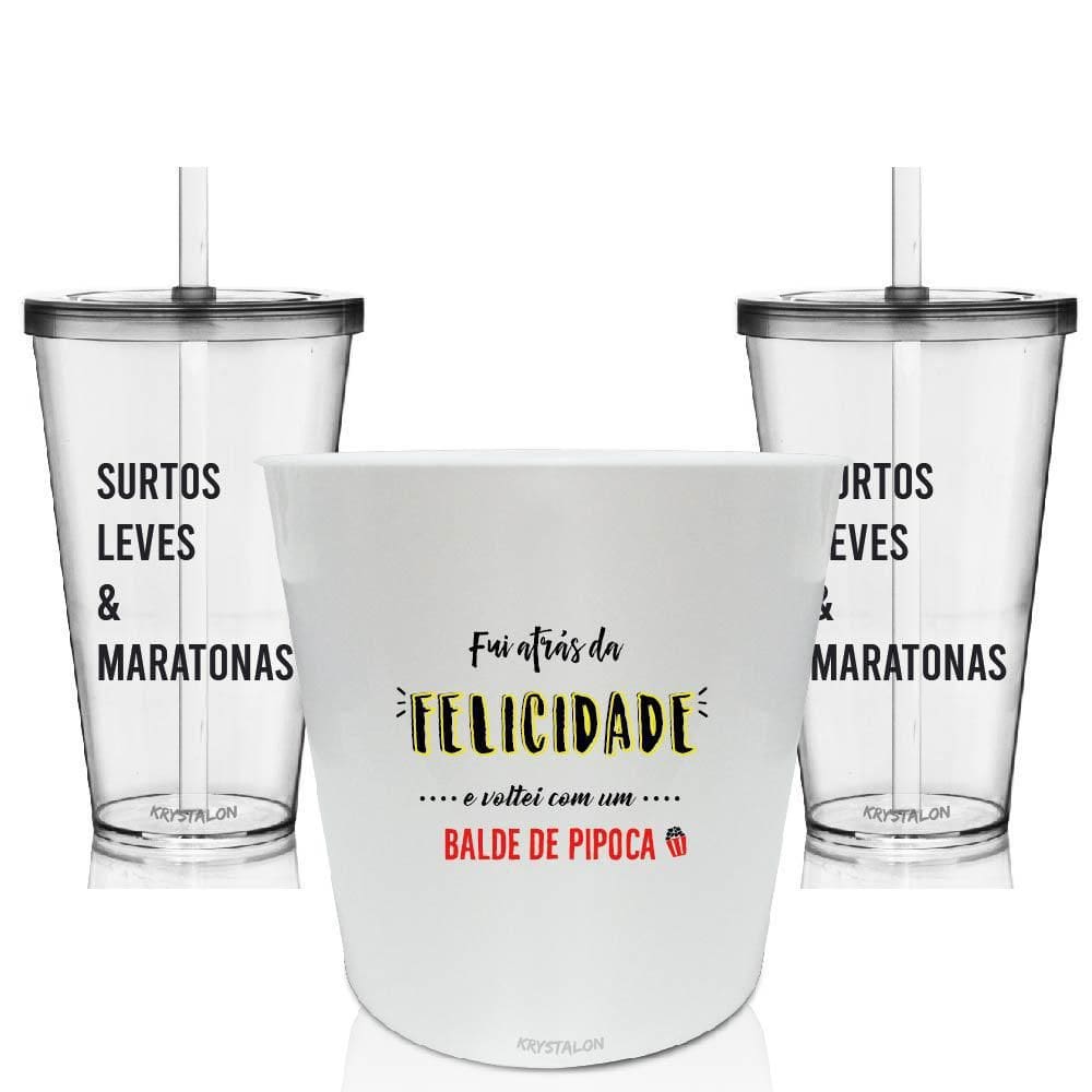 Kit Balde De Pipoca E 2 Copos - Fui Atrás Da Felicidade