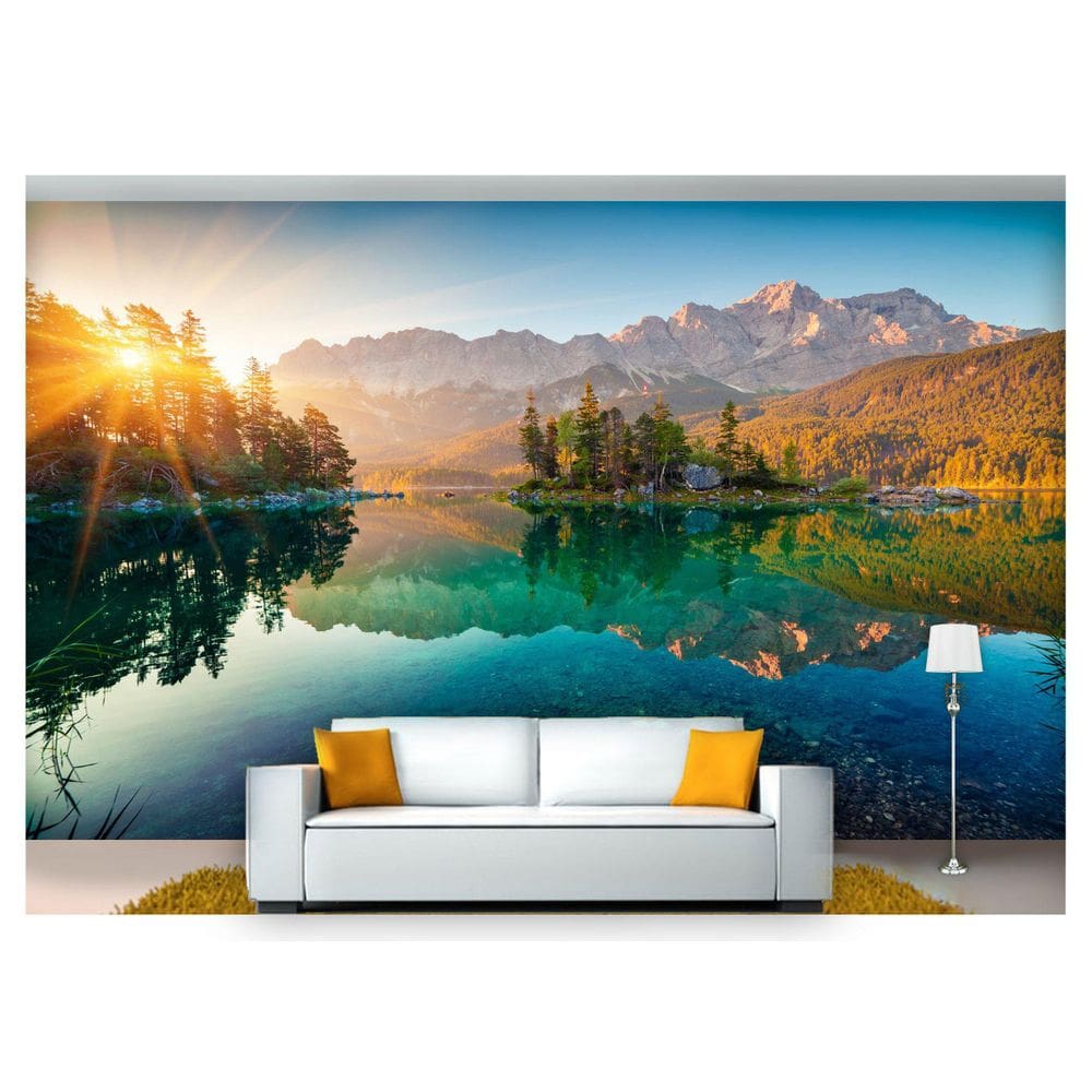 Papel De Parede Lago Montanha Céu Água Sol 3D  Nlk145