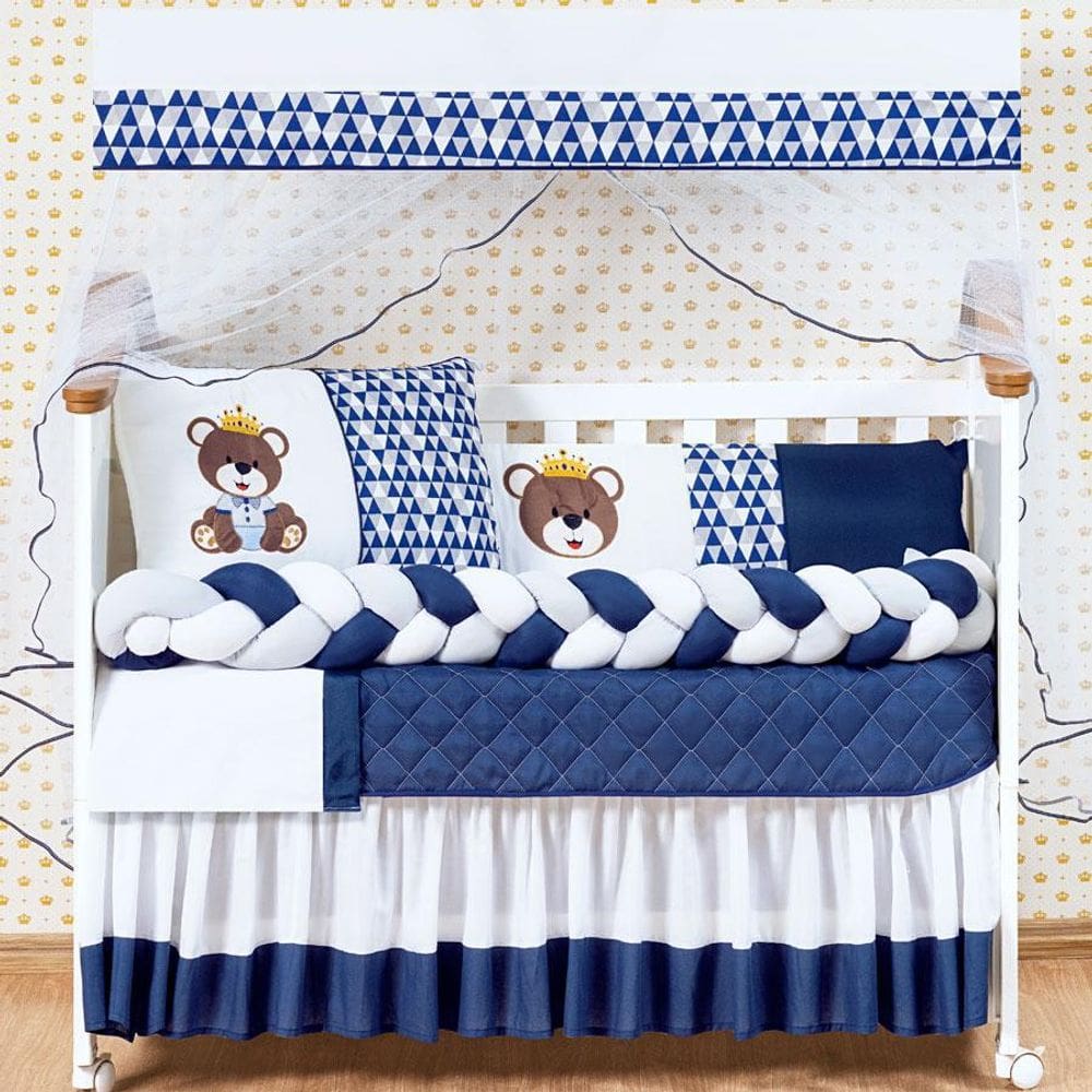 Kit De Berço Trançado Urso Rei 13 Peças Menino Azul Marinho