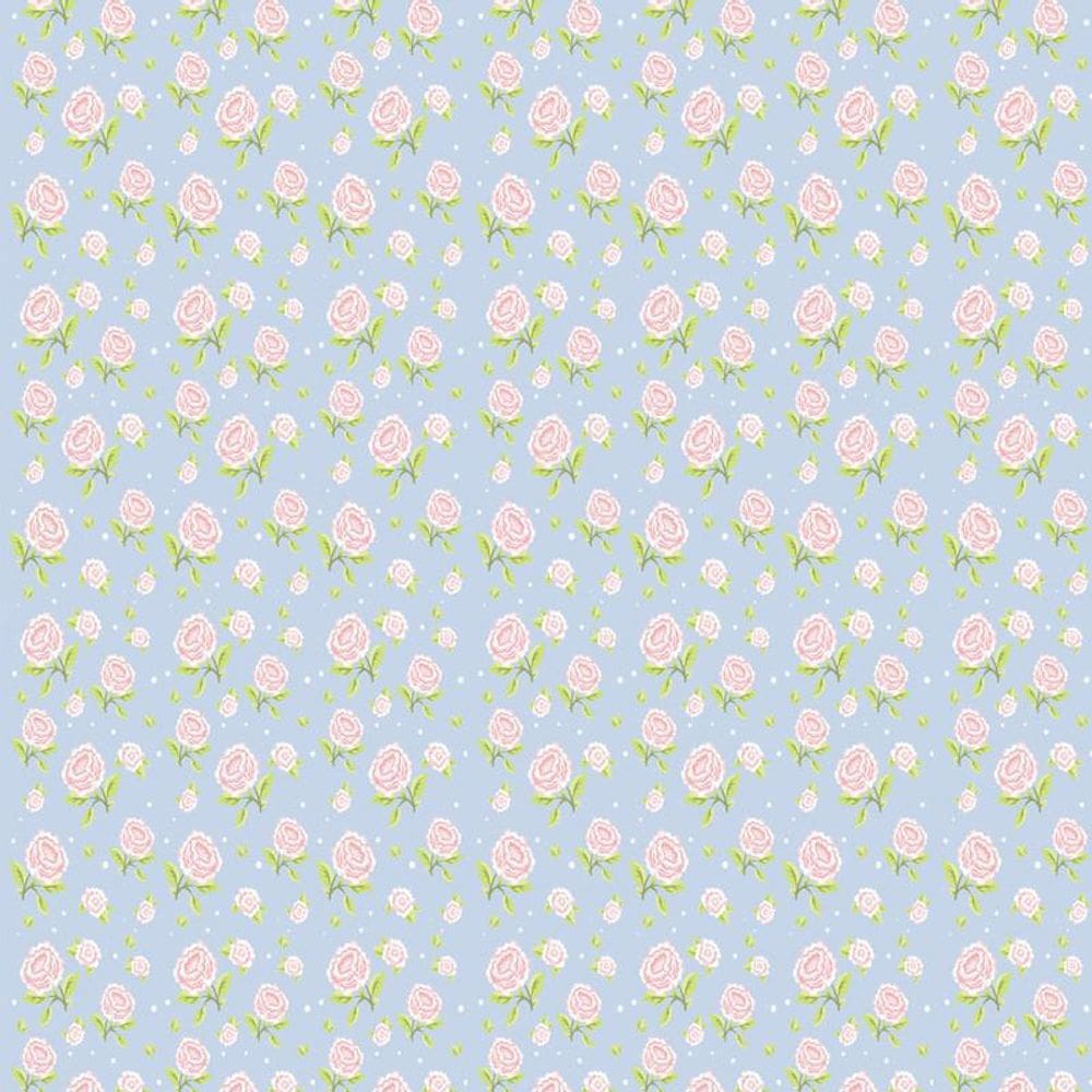 Papel Parede Floral Azul Com Rosas Vermelhas Autocolante