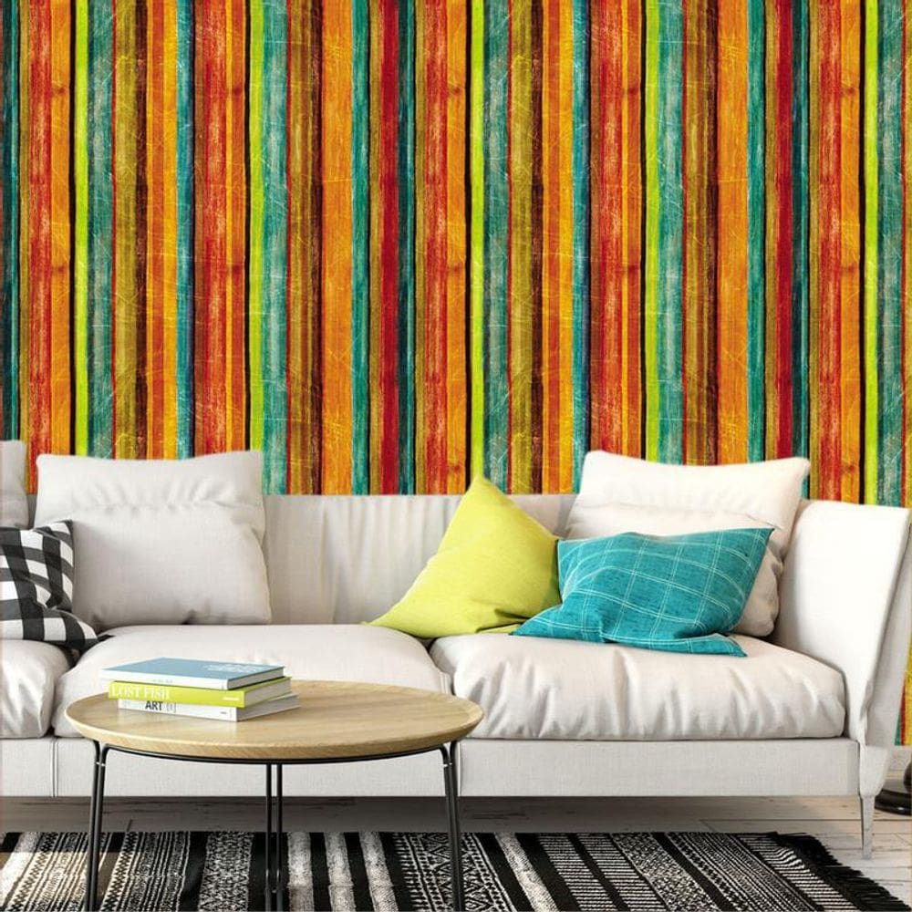 Papel De Parede Madeira Colorida Autocolante Lavável Sala