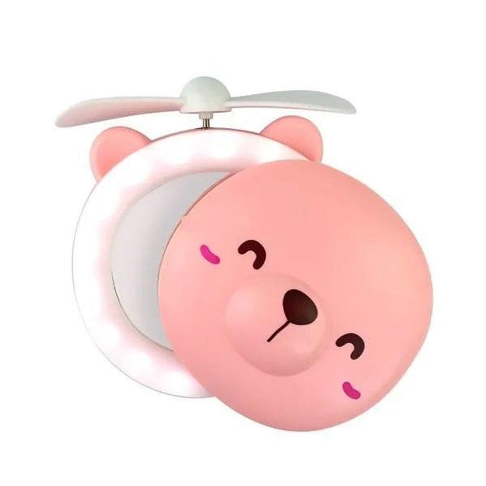 Mini Ventilador Portátil Ursinho Com Led E Espelho Maquiagem