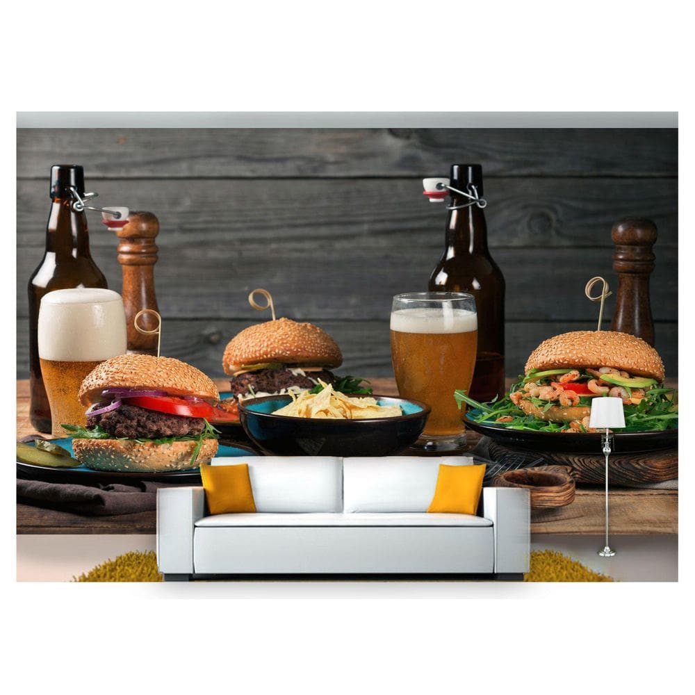 Papel De Parede Hamburguer Cerveja Batata 3D Al87