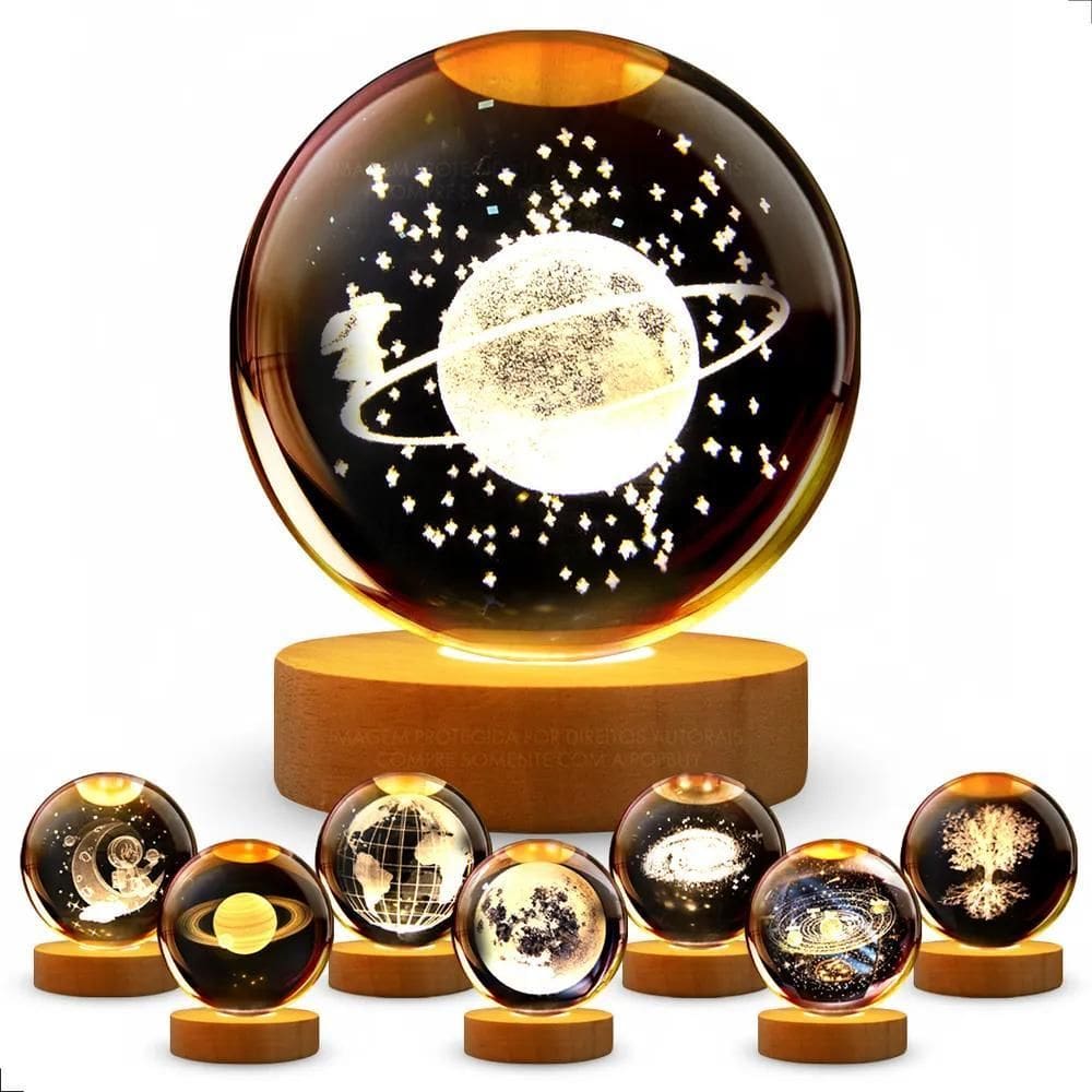 Luminária Bola Cristal 3D Madeira: Magia Spacewalk Dourado