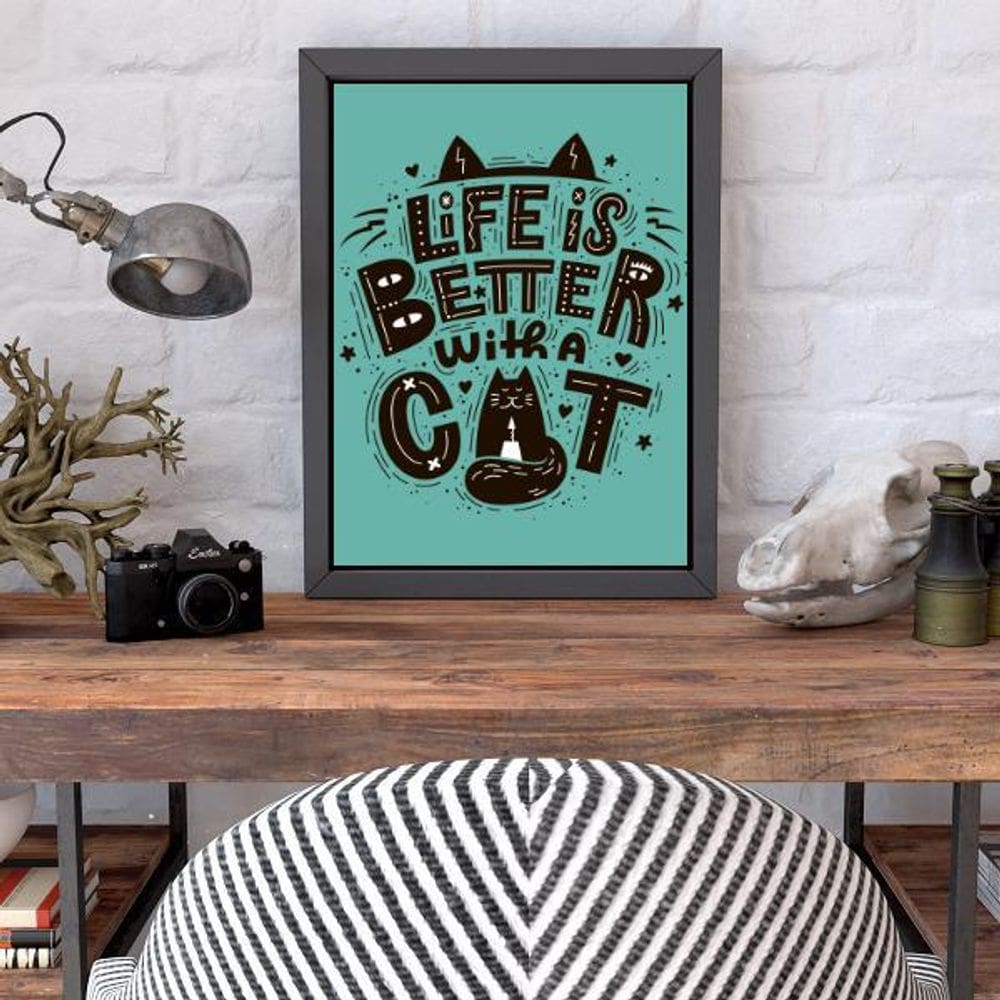 Quadro Decorativo Life Is Better With A Cat 34X23Cm Moldura Branca