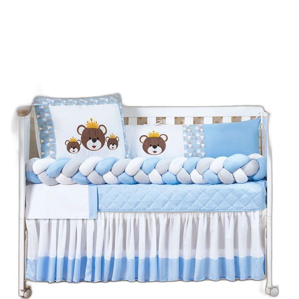 Berço Urso Trançado 12 Pç Saia Box E Mosquiteiro Azul Claro