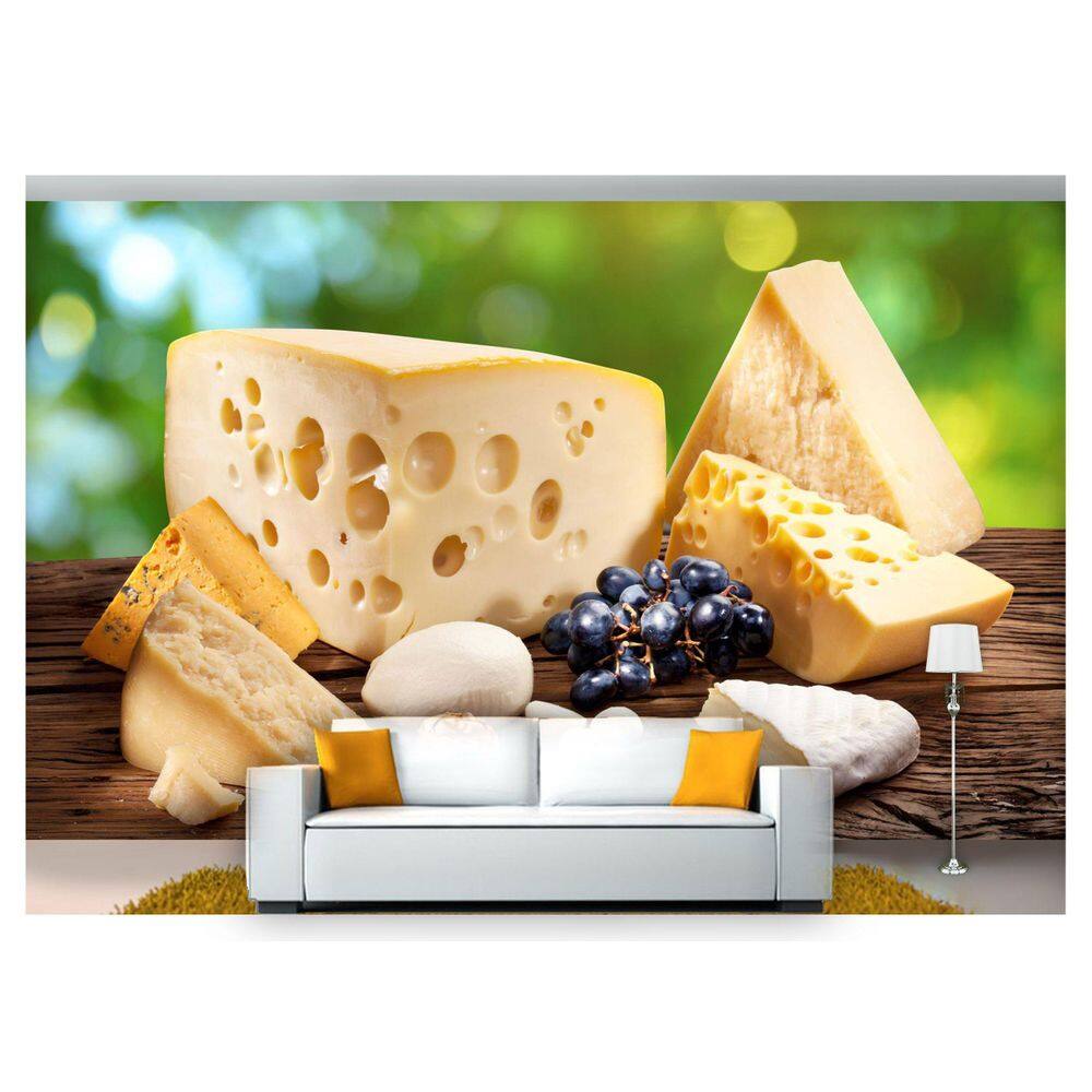 Papel De Parede Queijos Uvas Madeira 3D Al96