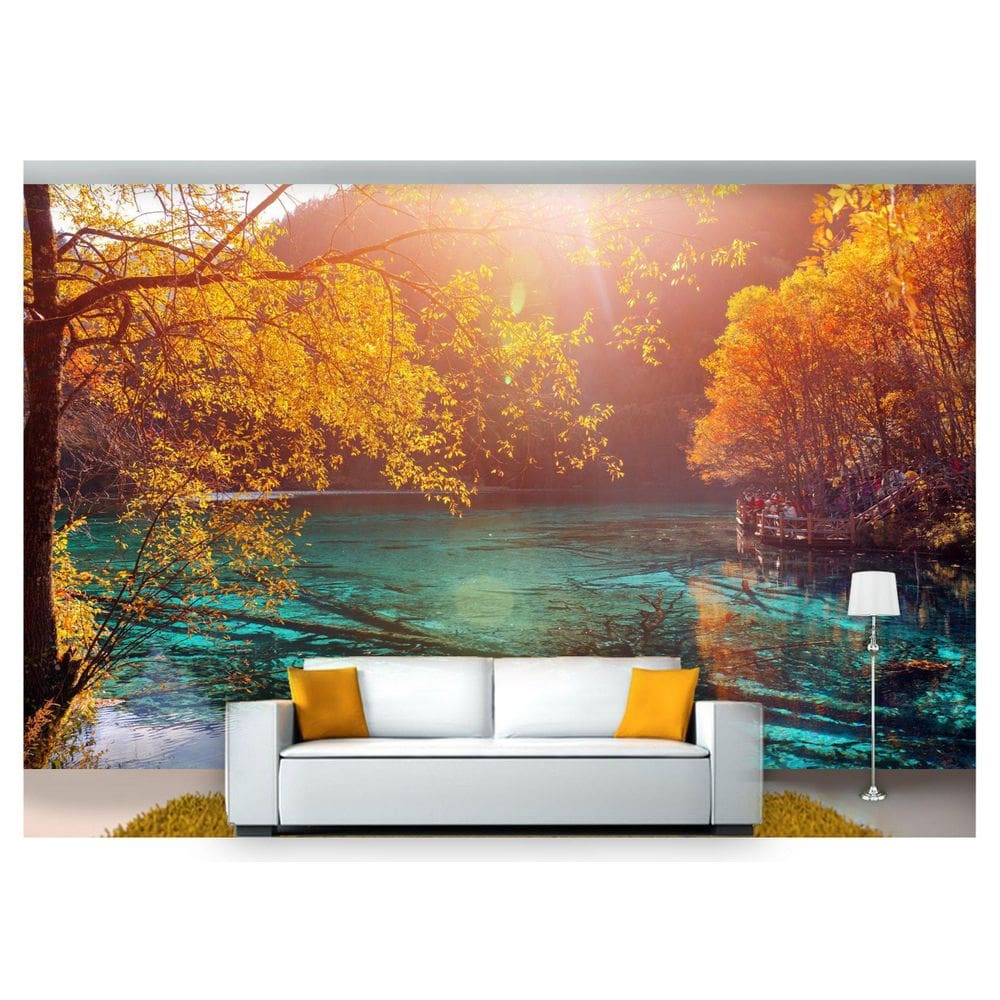 Papel De Parede Lago Cristalino Outono Sol 3D  Nlk129