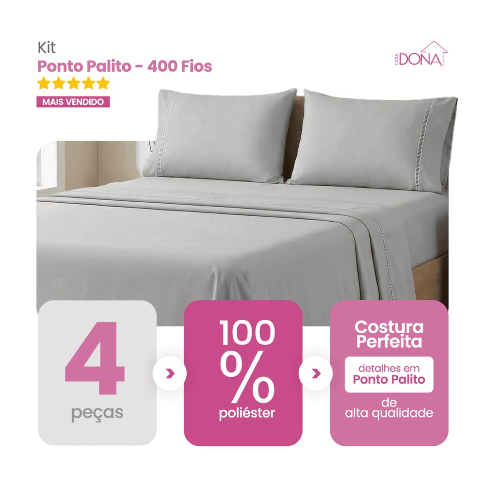 Jogo de Lençol Casal/ Queen/ King 4 Peças 400 Fios Ponto Palito Toque Macio Premium Casa Dona