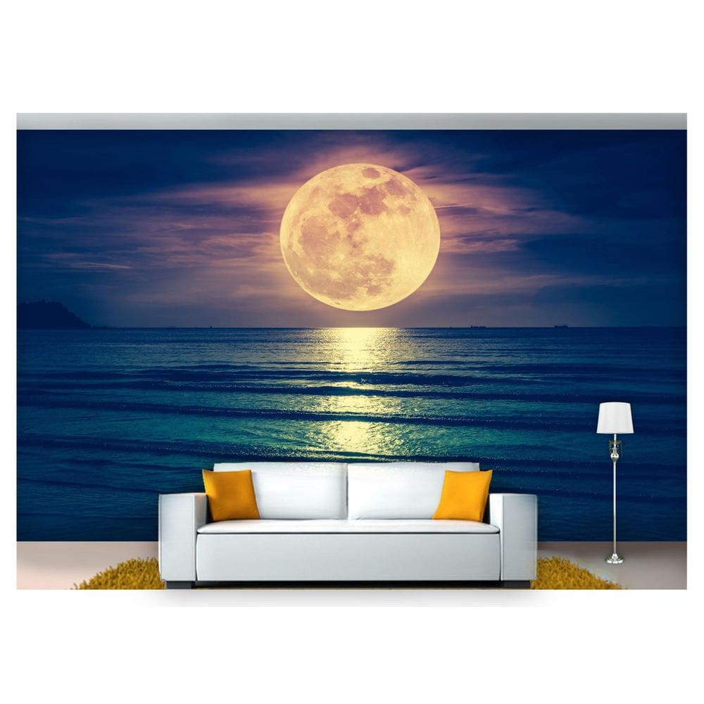 Papel De Parede Praia Mar Lua Cheia Céu 3D Nsk64