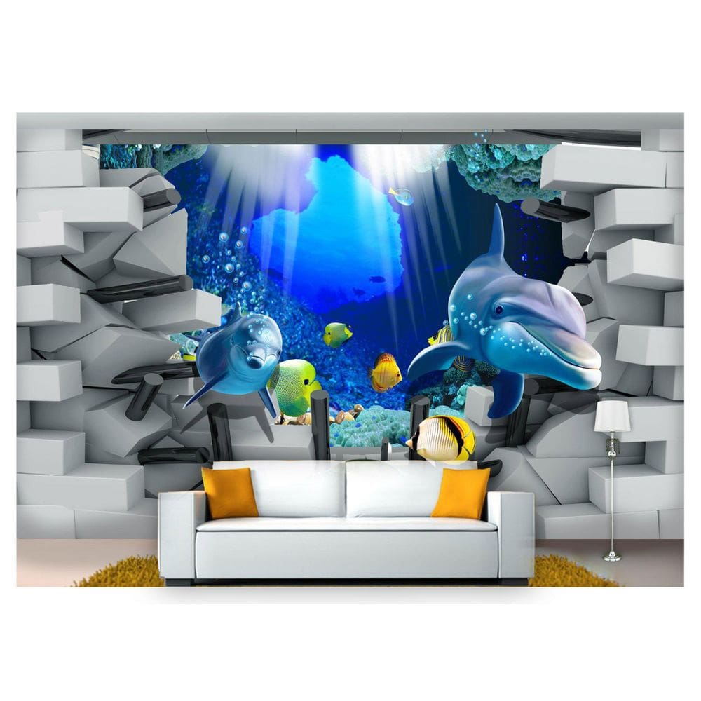 Papel De Parede Vida Marinha Golfinhos Mar 3D Fm83