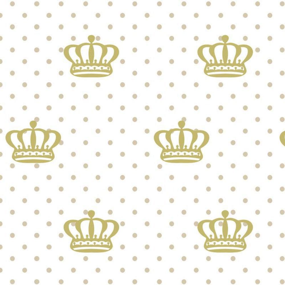 Papel De Parede Poa Branco E Coroa Dourada Autocolantte Sala