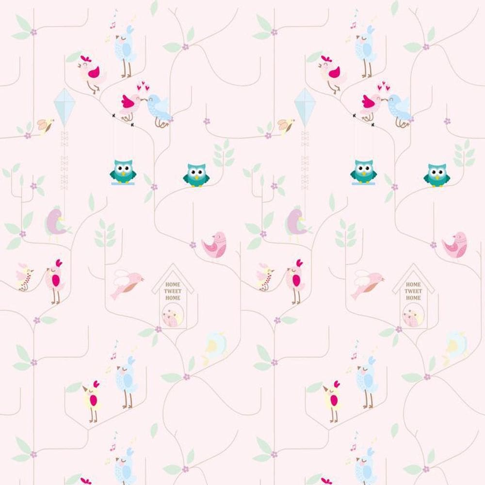 Papel De Parede Rosa Coruja E Pássaros Adesivo Infantil Bebe
