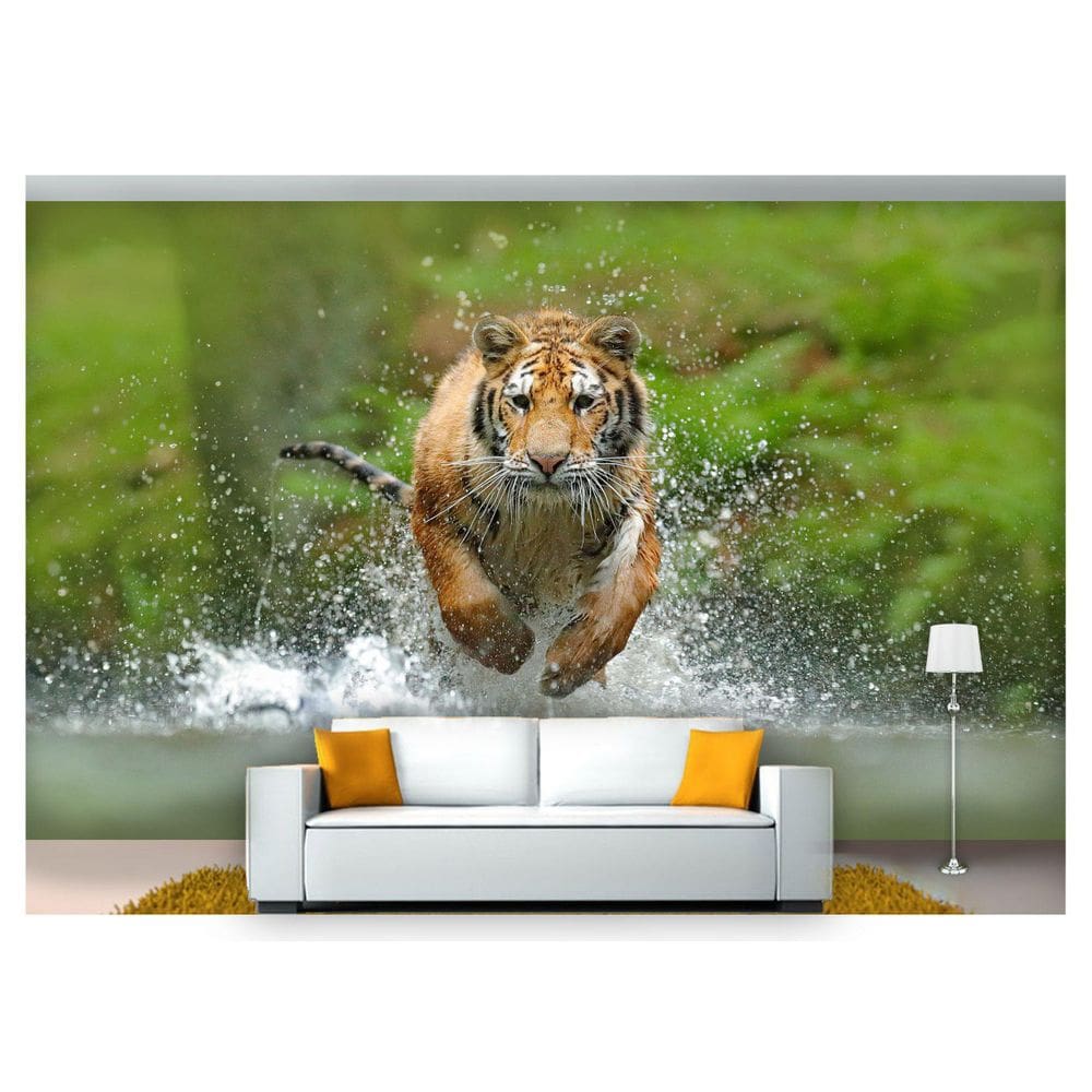 Papel De Parede Animais Tigre Correndo Rio 3D Anm237
