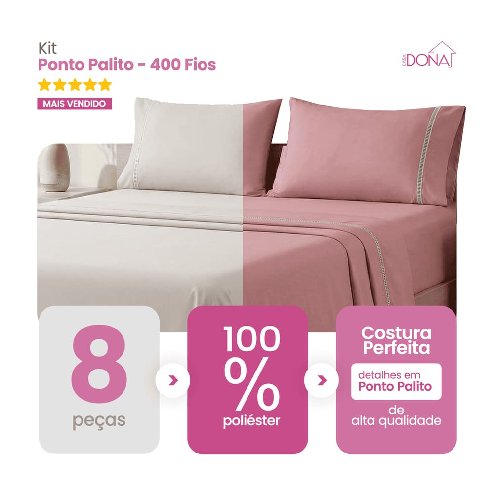 Kit 2 Jogos de Lençol Casal/King 4 Peças 400 Fios Ponto Palito Toque Macio Premium Casa Dona