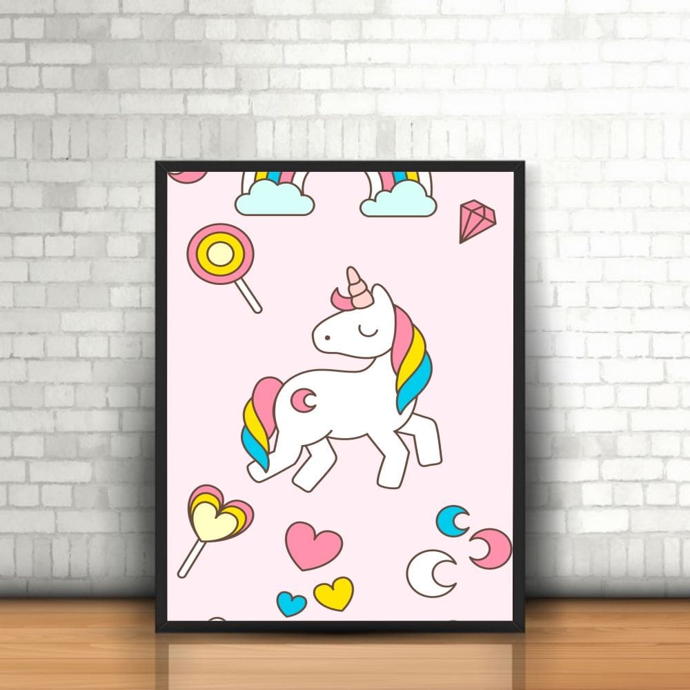 Quadro com Moldura Unicórnio Desenho Ilustrado Kids Rainbow
